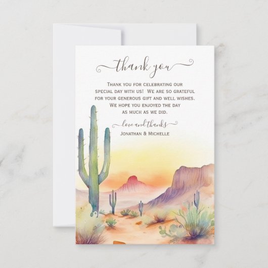 水彩南西部の砂漠とサボテン結婚ズ サンキューカード (正面)