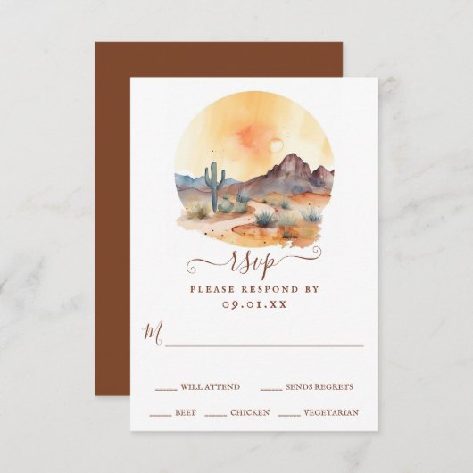 水彩南西部の砂漠とサボテン結婚ズ 出欠カード (正面/裏面)