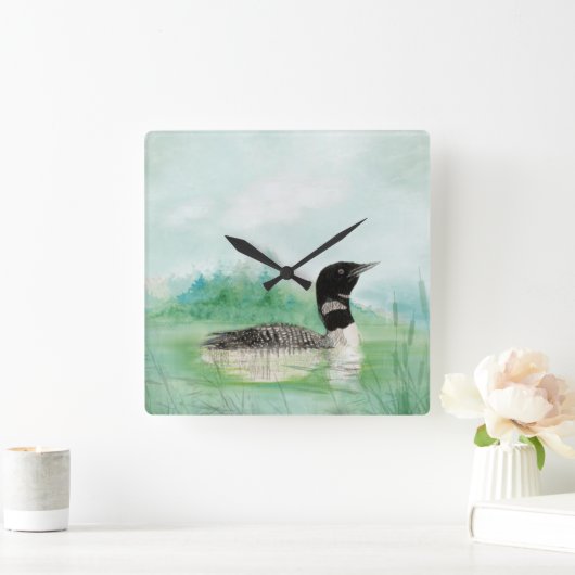 水彩原野湖バードアート スクエア壁時計 (ホーム)