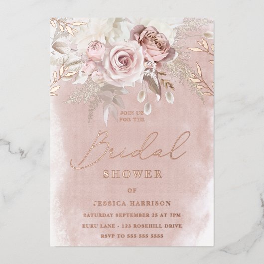水彩及び赤面フローラブライダルシャワーバラ金ゴールド 箔招待状 (正面)