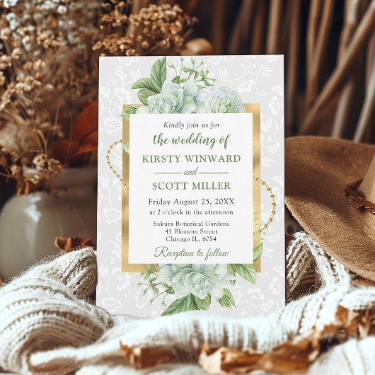水彩及び金ゴールドグリッターユーカリ結婚ス 招待状
