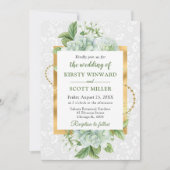 水彩及び金ゴールドグリッターユーカリ結婚ス 招待状 (正面)