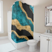 水彩及び金ゴールドターコイズ波抽象芸術 シャワーカーテン (インサイチュ)