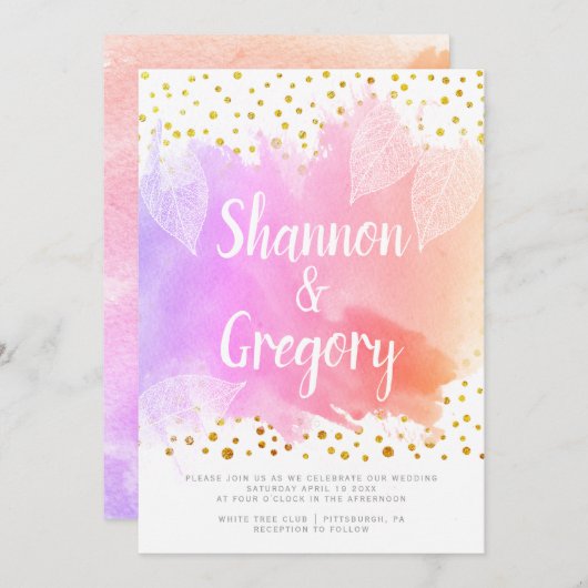 水彩及び金ゴールド紙吹雪結婚タイポグラフィ 招待状 (正面/裏面)