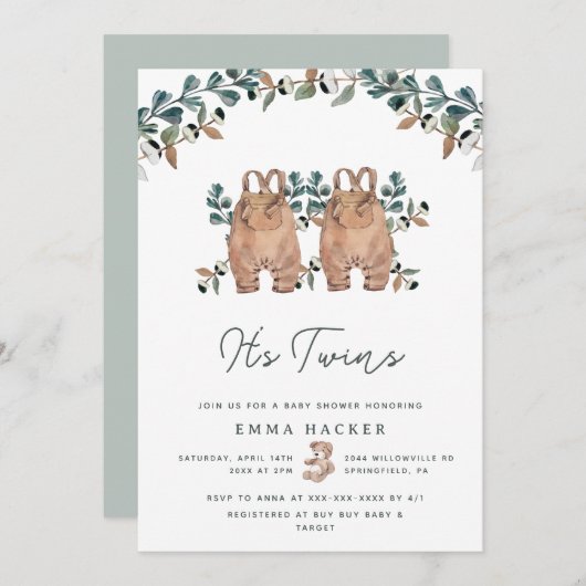 水彩双生児男女兼用シャワー 招待状 (正面/裏面)