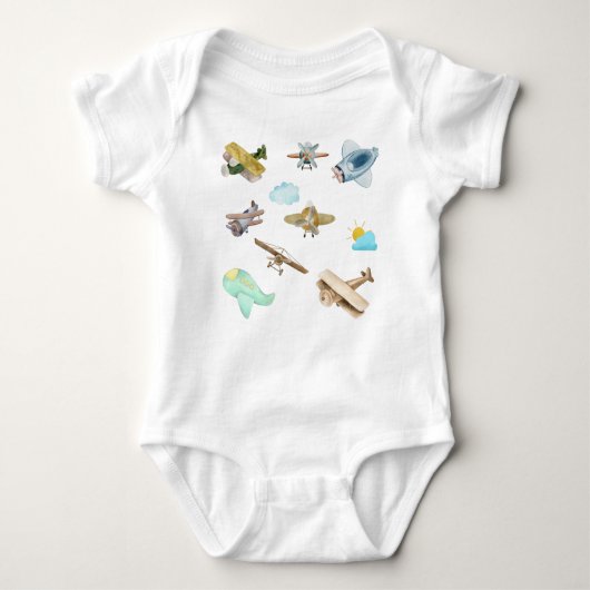 水彩古ヴィンテージ飛行機コレクション ベビーボディスーツ (正面)