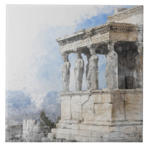水彩古代ギリシャのアテネ遺跡 タイル