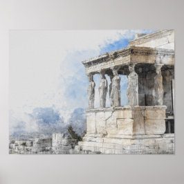 水彩古代ギリシャのアテネ遺跡 ポスター