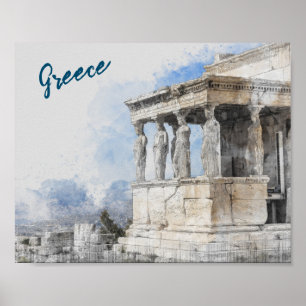 水彩古代ギリシャのアテネ遺跡 ポスター