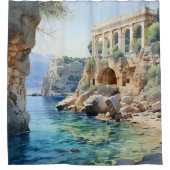 水彩古代ギリシャの海岸遺跡 シャワーカーテン (正面)