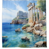 水彩古代ギリシャの海岸遺跡 シャワーカーテン (正面)