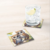 水彩可愛いかわいいチビ(小さくかわいく書いた感じ)フイルズオンザツリーブランチ スクエアペーパーコースター (インサイチュ)