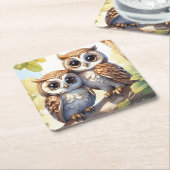 水彩可愛いかわいいチビ(小さくかわいく書いた感じ)フイルズオンザツリーブランチ スクエアペーパーコースター (アングル)