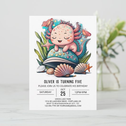 水彩可愛いアクソロトル誕生日 招待状 (スタンド正面)