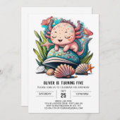 水彩可愛いアクソロトル誕生日 招待状 (正面/裏面)