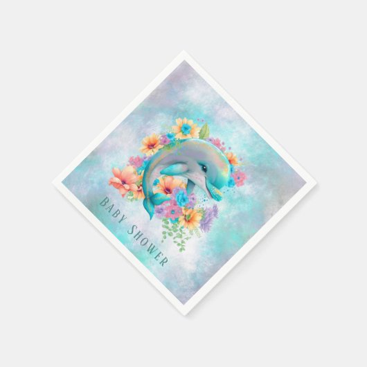水彩可愛いイルカと花模様赤ちゃんシャワー スタンダードカクテルナプキン (角)