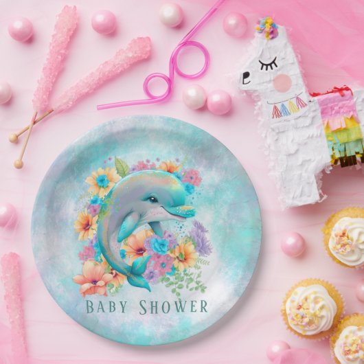 水彩可愛いイルカと花模様赤ちゃんシャワー ペーパープレート (パーティー)