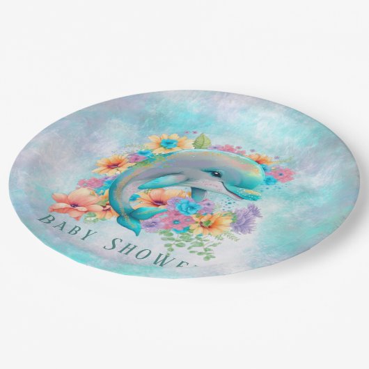 水彩可愛いイルカと花模様赤ちゃんシャワー ペーパープレート (アングル)