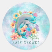 水彩可愛いイルカと花模様赤ちゃんシャワー ラウンドシール (正面)