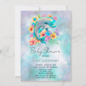 水彩可愛いイルカと花模様赤ちゃんシャワー 招待状 (正面)