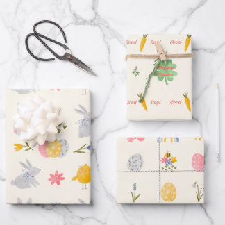 水彩可愛いイースターバニーとイースターエッグ ラッピングペーパーシート