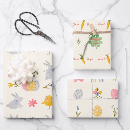 水彩可愛いイースターバニーとイースターエッグ ラッピングペーパーシート (正面)