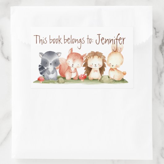 水彩可愛いウッドランド動物マンガアート 長方形シール (バッグ)