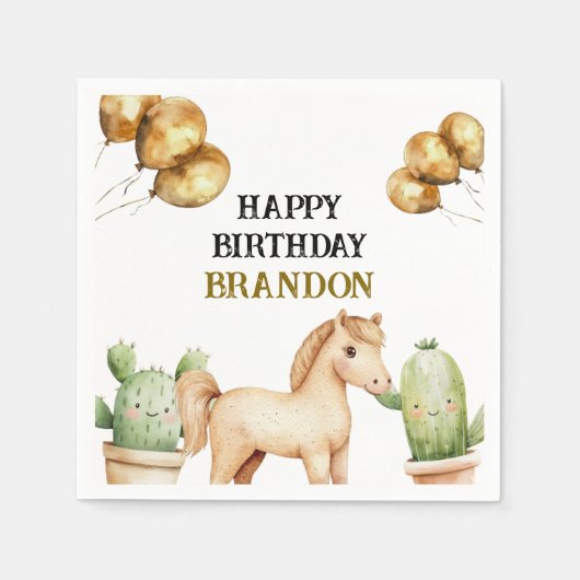 水彩可愛いカウボーイ1stロデオ誕生日 スタンダードカクテルナプキン (正面)
