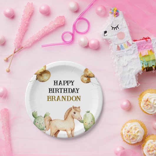 水彩可愛いカウボーイ1stロデオ誕生日 ペーパープレート (パーティー)