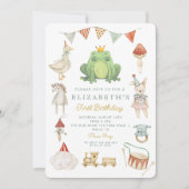 水彩可愛いカエルおもちゃコテージファースト誕生日 招待状 (正面)
