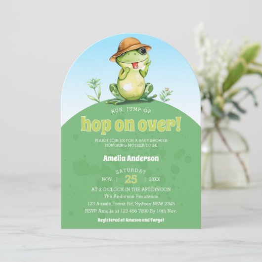 水彩可愛いカエル赤ちゃんシャワー 招待状 (スタンド正面)
