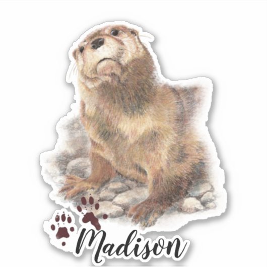 水彩可愛いカワウソ動物名前をカスタムする シール (正面)