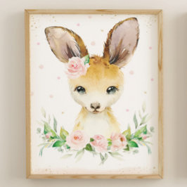 水彩可愛いカンガルー赤面ピンクフローラ壁 ポスター