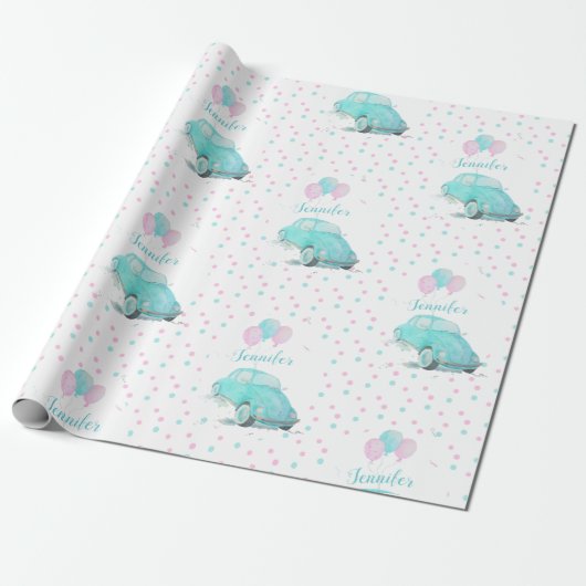 水彩可愛いカーベビーシャワーラッピング紙 ラッピングペーパー (アンロールド)