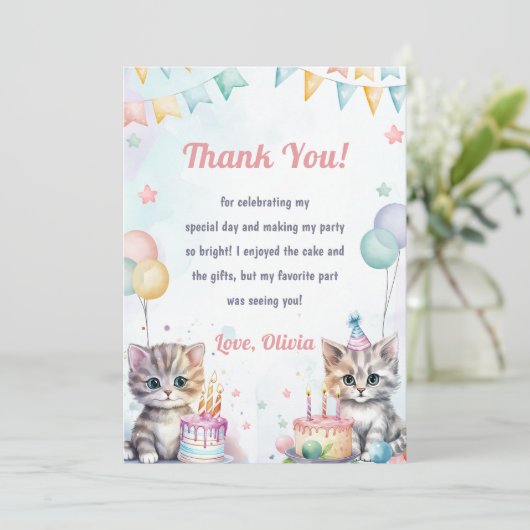 水彩可愛いキティ猫誕生日サンキューカード 招待状 (スタンド正面)