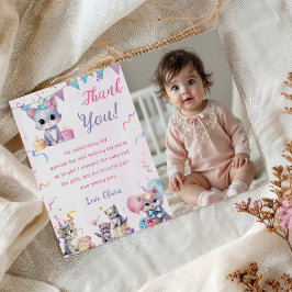 水彩可愛いキティ猫誕生日サンキューカード 招待状