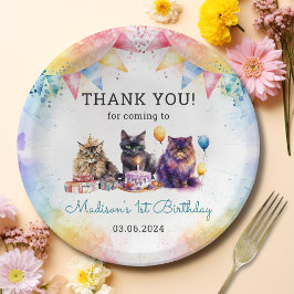 水彩可愛いキティ猫1歳の誕生日 ペーパープレート