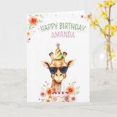 水彩可愛いキリンとパーティーハット誕生日 カード (黄色い花)