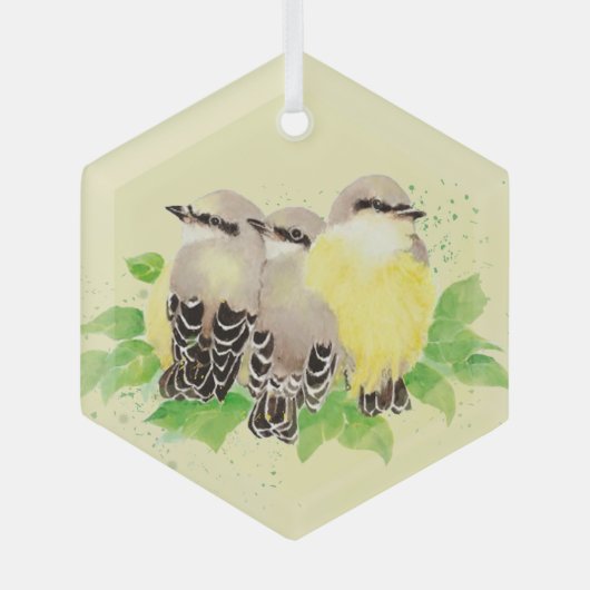 水彩可愛いキングバードファミリー野生動物アート ガラスオーナメント (正面)