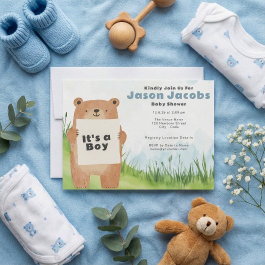 水彩可愛いクマ男の子の赤ちゃんシャワー 招待状