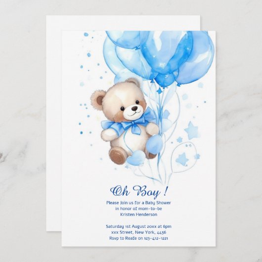 水彩可愛いクマ男の子ベビーシャワー招待状 招待状 (正面/裏面)