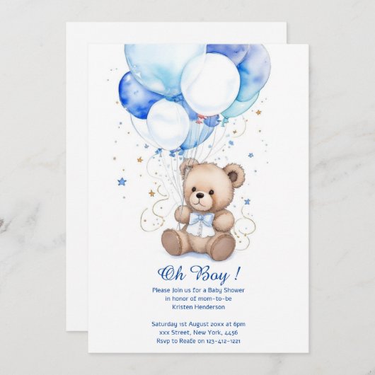 水彩可愛いクマ赤ちゃんシャワー招待状 招待状 (正面/裏面)