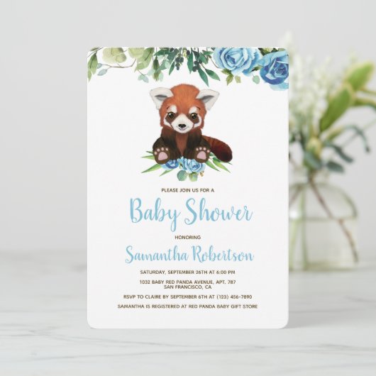 水彩可愛いクマ青い男の子ベイビーシャワー写真 招待状 (スタンド正面)