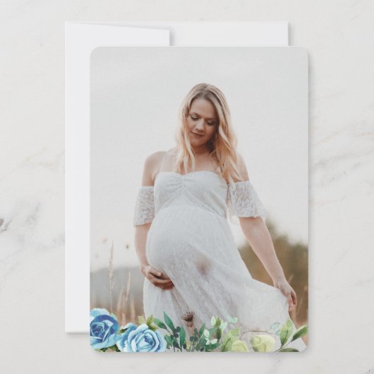 水彩可愛いクマ青い男の子ベイビーシャワー写真 招待状 (裏面)