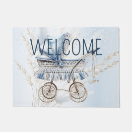 水彩可愛いクラシックベビーベビーカー青フローラ ドアマット