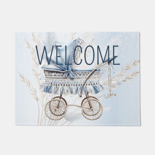 水彩可愛いクラシックベビーベビーカー青フローラ ドアマット (正面)