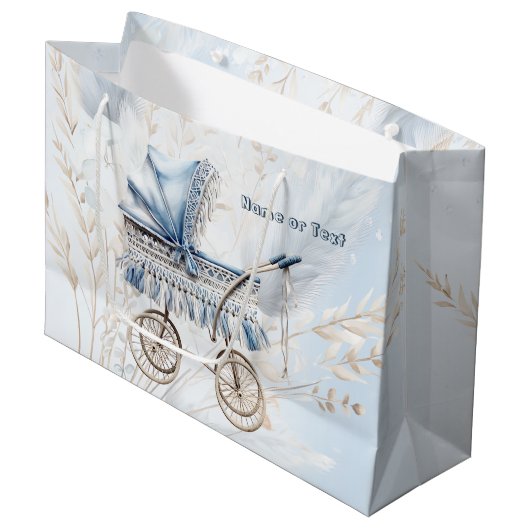 水彩可愛いクラシックベビーベビーカー青フローラ ラージペーパーバッグ (正面アングル)