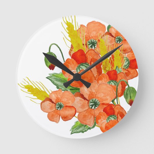 水彩可愛いケシの花 ラウンド壁時計 (正面)