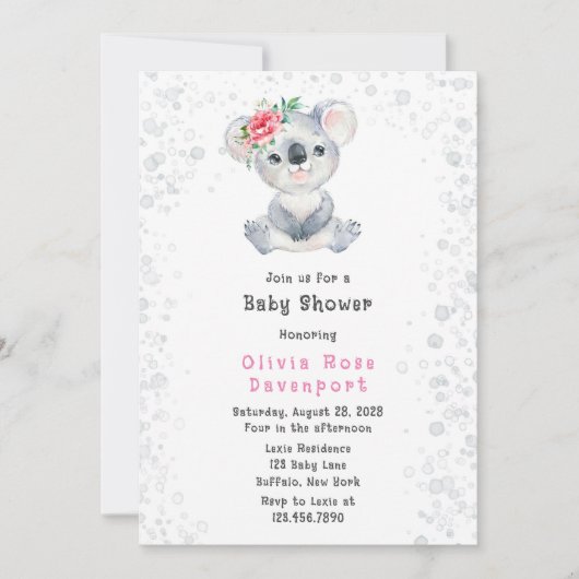 水彩可愛いコアラ熊アルコールインクベビーシャワー 招待状 (正面)