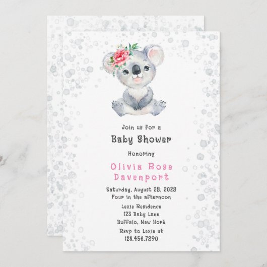 水彩可愛いコアラ熊アルコールインクベビーシャワー 招待状 (正面/裏面)